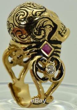 Antique Georgian Memento Mori 18k Gold, black Enamel, Diamonds&Ruby Skull ring