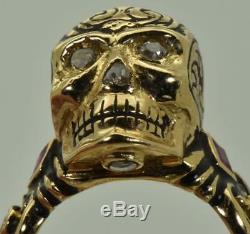 Antique Georgian Memento Mori 18k Gold, black Enamel, Diamonds&Ruby Skull ring