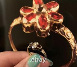 Antique Georgian Renaissance Diamond Garnet Enamel Ring Black White Floral Gold