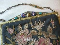 Antique Gold Enamel Jewel Frame Silk Forbidden Stitch Floral Embroidery Purse #1