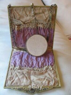 Antique Gold Enamel Jewel Frame Silk Forbidden Stitch Floral Embroidery Purse #1