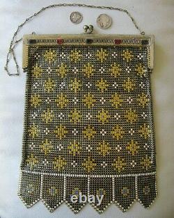 Antique Gold Filigree Red Blue Jewel Frame Black Yellow Enamel Chain Mail Purse