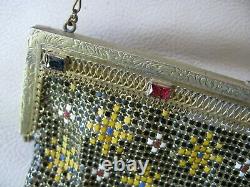 Antique Gold Filigree Red Blue Jewel Frame Black Yellow Enamel Chain Mail Purse