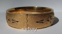 Antique Gold Fill Engraved Floral Design Black Enamel Hinged Bangle Bracelet