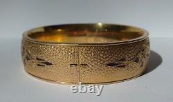 Antique Gold Fill Engraved Floral Design Black Enamel Hinged Bangle Bracelet