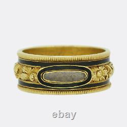 Antique Gold Ring Victorian 1840s Black Enamel Mourning Ring 18ct Yellow Gold