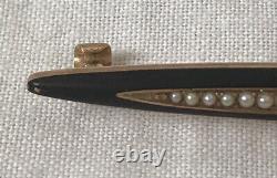 Antique Krementz 14K Gold Black Enamel and Seed Pearl Bar Pin Brooch