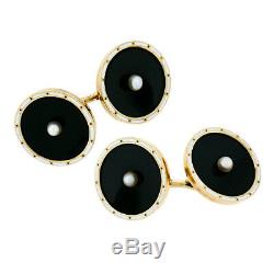 Antique Men's 14k Gold Black Onyx Disk Natural Pearls White Enamel Cuff Links