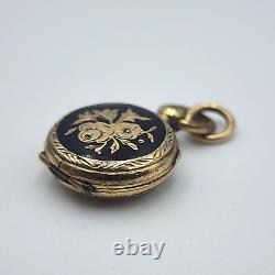 Antique Miniature Mourning Locket Pendant Floral Gold Filled Black Enamel