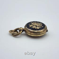 Antique Miniature Mourning Locket Pendant Floral Gold Filled Black Enamel