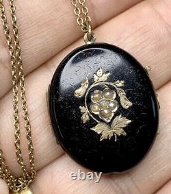 Antique Mourning Locket Necklace gold fill Black enamel and Seed Pearls Memorial