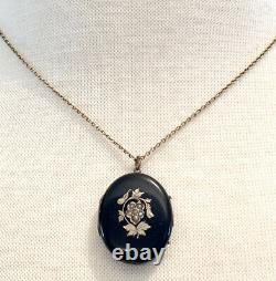 Antique Mourning Locket Necklace gold fill Black enamel and Seed Pearls Memorial