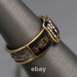 Antique Mourning Ring with Seed Pearls and Black Enamel in 14k Yellow Gold