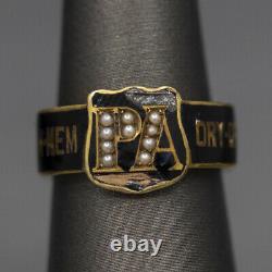 Antique Mourning Ring with Seed Pearls and Black Enamel in 14k Yellow Gold