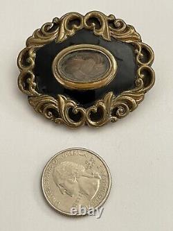 Antique Oblong Pinchbeck Georgian Black Enamel & Gold Mourning Brooch with Hair