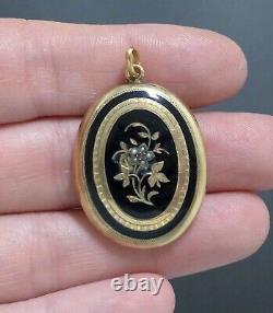 Antique Ornate Victorian Black Enamel Rolled Gold Pearl Locket Mourning Pendant