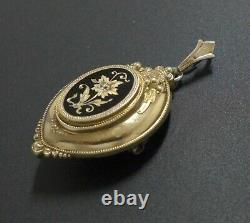 Antique Ornate Victorian Rolled Gold Black Enamel Mourning Locket Brooch Pendant