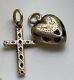 Antique Set Of 2 Charms In Yellow Gold Black Enamel Heart Victorian Cross Love