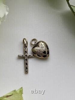Antique Set of 2 Charms in Yellow Gold Black Enamel Heart Victorian Cross Love