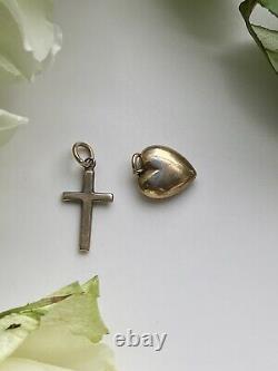 Antique Set of 2 Charms in Yellow Gold Black Enamel Heart Victorian Cross Love