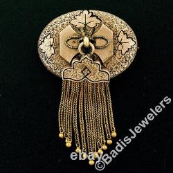 Antique Victorian 14K Gold Black Enamel Leaf Etched Tassel Dangle Brooch Pin