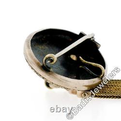 Antique Victorian 14K Gold Black Enamel Leaf Etched Tassel Dangle Brooch Pin