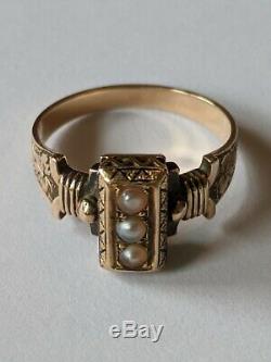 Antique Victorian 14K Gold Black Enamel Seed Pearl Ring Size 6 1/2