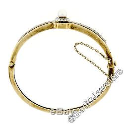 Antique Victorian 14K Gold Diamond Pearl & Black Enamel Hinged Bangle Bracelet