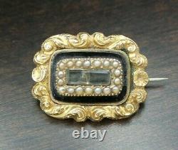 Antique Victorian 14K Gold Mourning Brooch, Black Enamel, Pearls & Hair Art