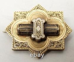 Antique Victorian 14K Gold Taille D'Epargne Black Enamel Brooch Pin Mourning