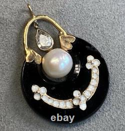 Antique Victorian 14K Rose Gold Diamond Pearl Onyx White Enamel Pendant