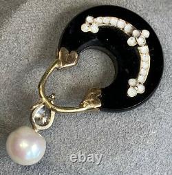 Antique Victorian 14K Rose Gold Diamond Pearl Onyx White Enamel Pendant