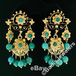 Antique Victorian 14k Gold Turquoise Black Enamel Chandelier Dangle Earrings