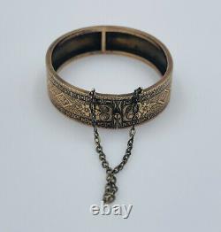 Antique Victorian 14k Yellow Gold Ornate Black Enamel Bangle Bracelet