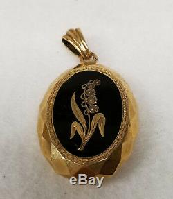 Antique Victorian 14kt Gold Black Enamel Lily of the Valley Pearl Morning Locket