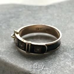 Antique Victorian 15ct Gold Black Enamel Pearl Mourning Buckle Ring