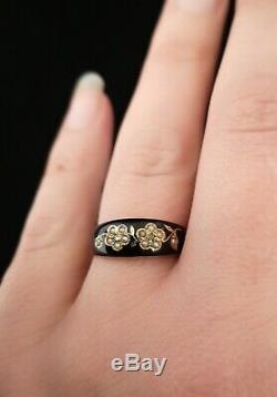Antique Victorian 15ct gold mourning ring, black enamel, diamond and pearl, forg