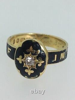 Antique Victorian 18K Gold, Black Enamel & Old Cut Diamond Mourning Ring, c 1884
