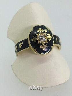 Antique Victorian 18K Gold, Black Enamel & Old Cut Diamond Mourning Ring, c 1884