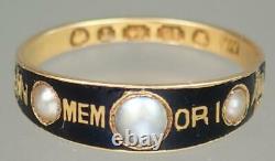 Antique Victorian 18K Gold Black Enamel Pearl IN MEMORIAM Mourning Ring Sz 6.75
