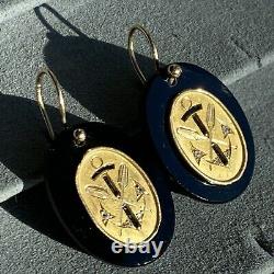 Antique Victorian 18K Yellow Gold Diamond Black Onyx Anchor Hope Dangle Earrings