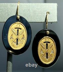 Antique Victorian 18K Yellow Gold Diamond Black Onyx Anchor Hope Dangle Earrings