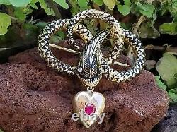 Antique Victorian 18k Gold Enamel Snake Serpent Heart Mourning Brooch Pin 8.5gm