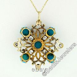 Antique Victorian 18k Gold Mine Diamond Turquoise & Black Enamel Open Pendant