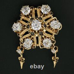 Antique Victorian 18k Gold Old Mine Cut Diamond Black Enamel Cluster Pin Brooch