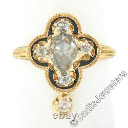 Antique Victorian 18k Gold Pear Rose Cut Diamond with Black Enamel Quatrefoil Ring