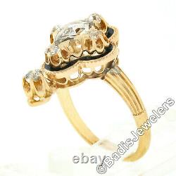Antique Victorian 18k Gold Pear Rose Cut Diamond with Black Enamel Quatrefoil Ring