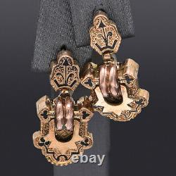 Antique Victorian 19th Century 15K Gold Black Enamel Pendant & Earrings Set 6.2G