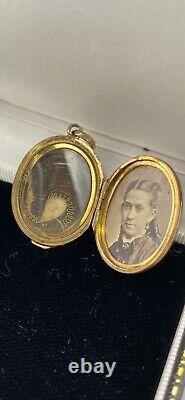 Antique Victorian 9K GoldEnamel Mourning Hair Memento Floral Locket Pendant