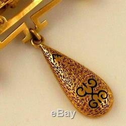 Antique Victorian 9K Yellow Gold Black Enamel Dangle Brooch Pin c. 1890s